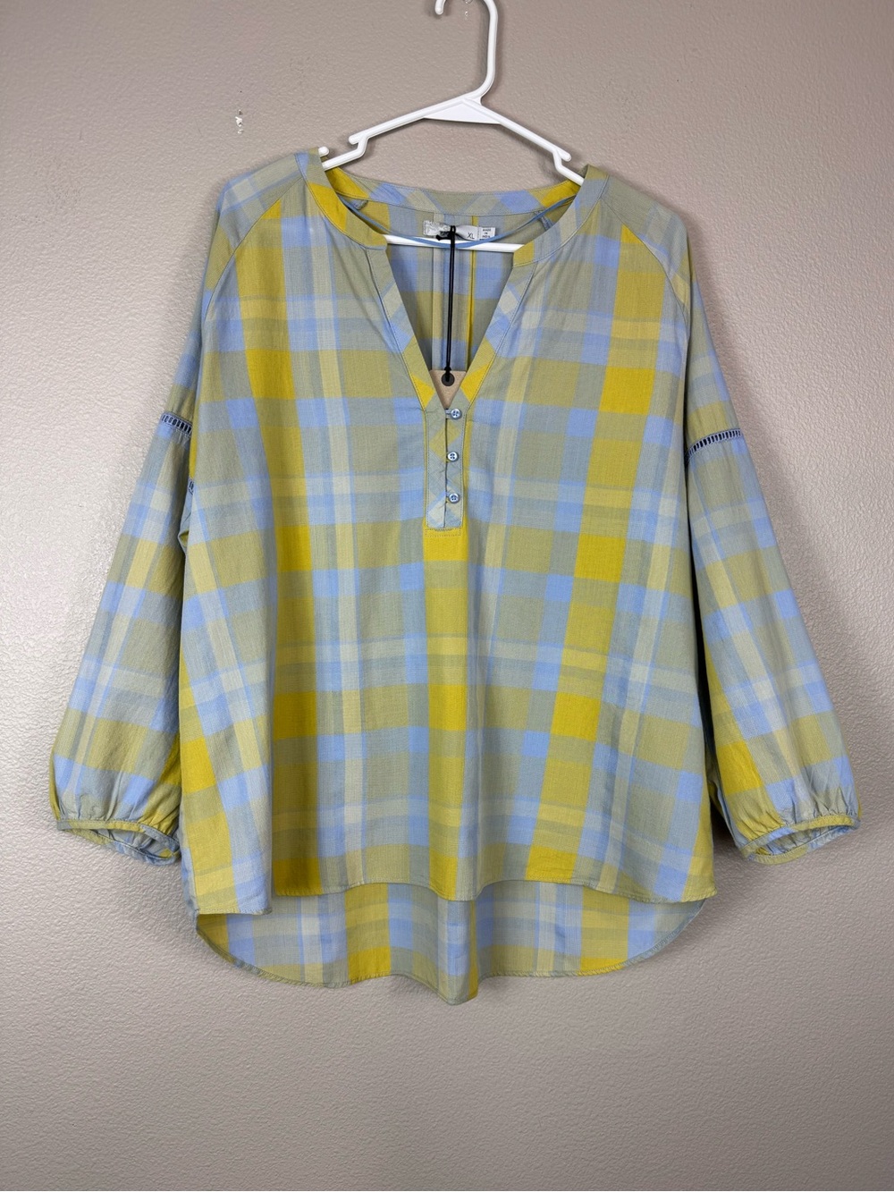 prAna Plaid Elena Top loose popover Blue Sheen NWT B - Picture 2 of 9